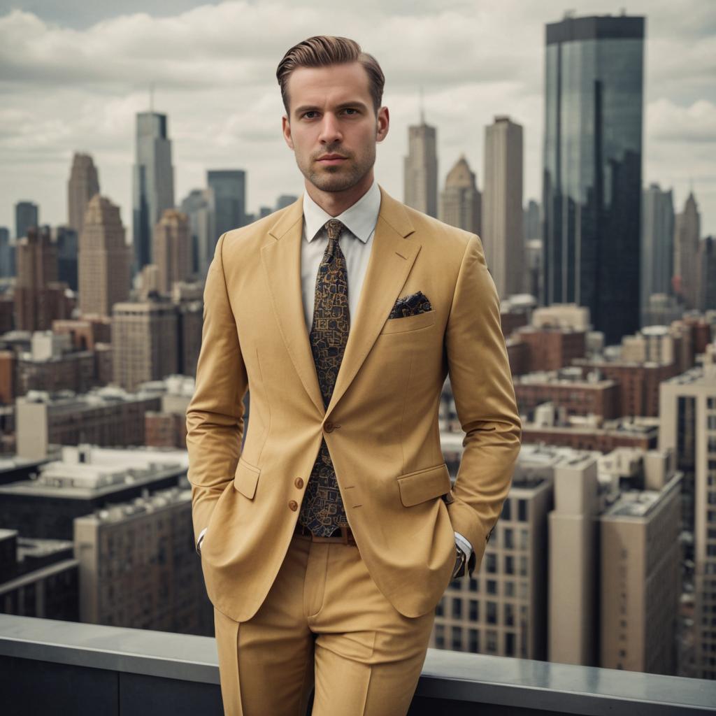 Confident Man in Yellow Suit Against Urban Skyline