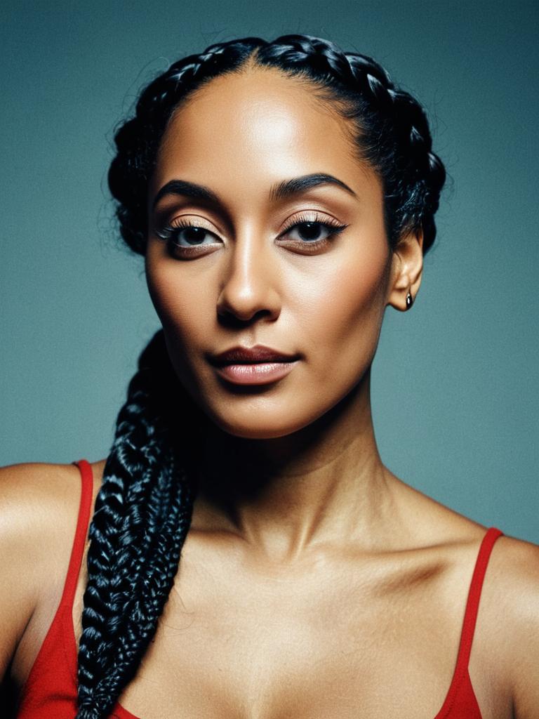 Portrait of Woman with Tracee Ellis Ross Braided Hairstyle in Cinematic Realism