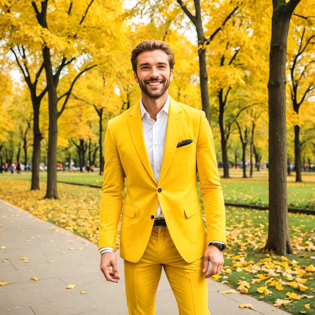 Confident Man in Yellow Suit in Autumn Park