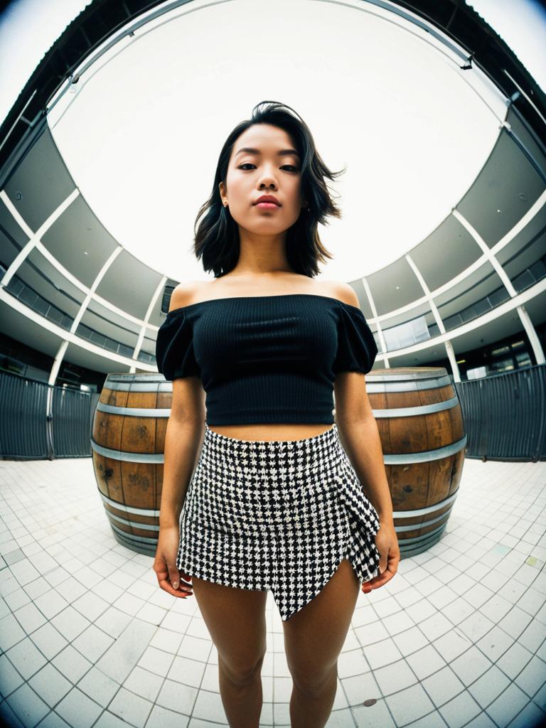 Woman in Contemporary Street Style Black Off-Shoulder Crop Top with Houndstooth Skirt