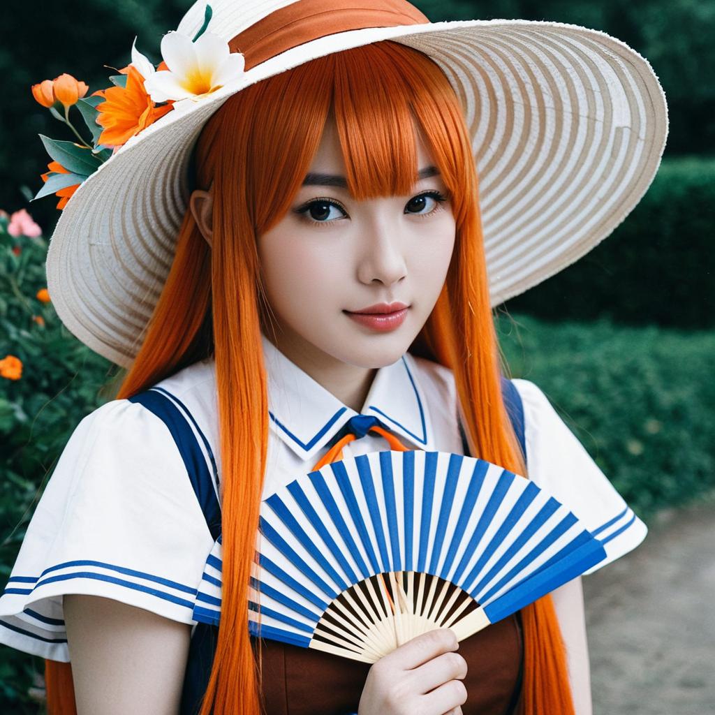 Akikawa Yayoi Umamusume Realistic Cosplay with Floral Sunhat and Fan