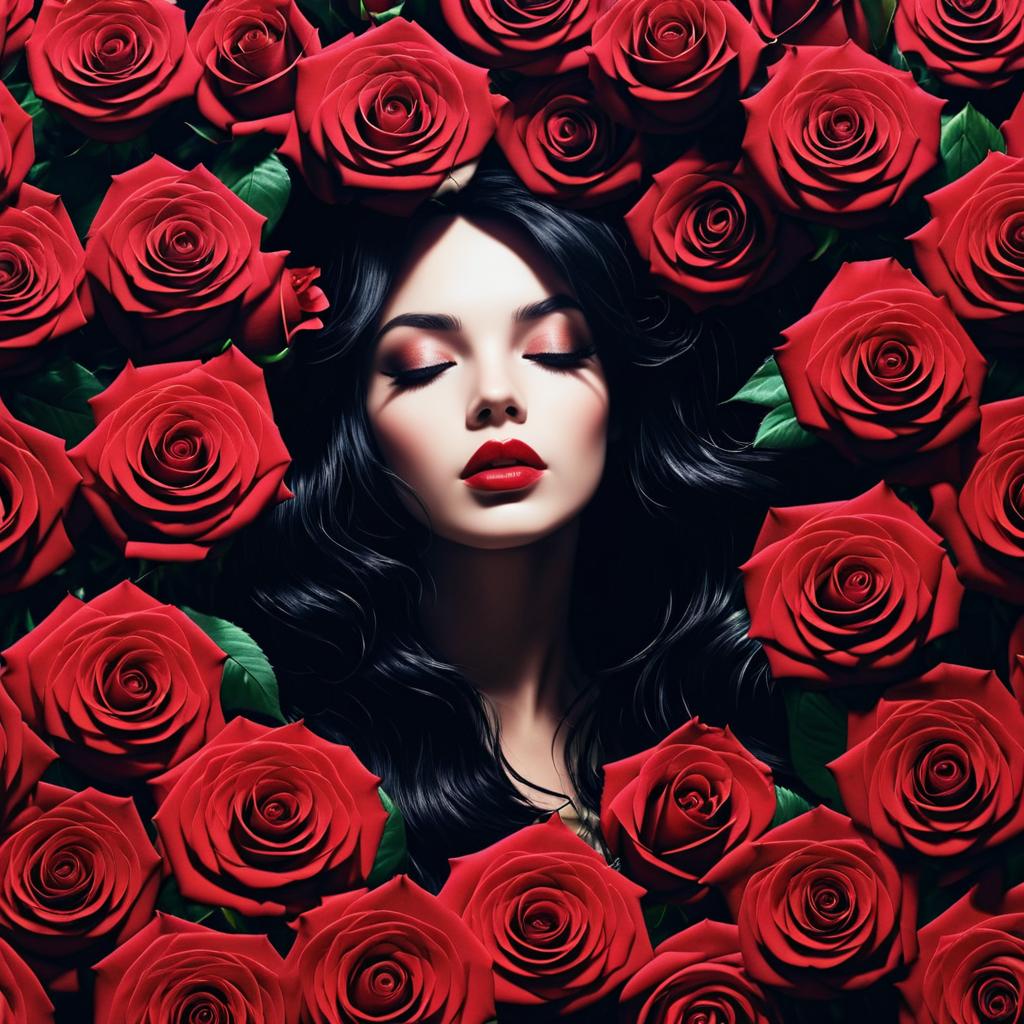 Woman Surrounded by Red Roses - Romantic Atmosphere