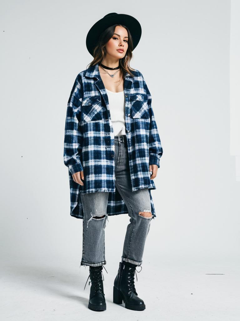 Woman in Casual Streetwear Oversized Blue Plaid Shacket and Ripped Jeans