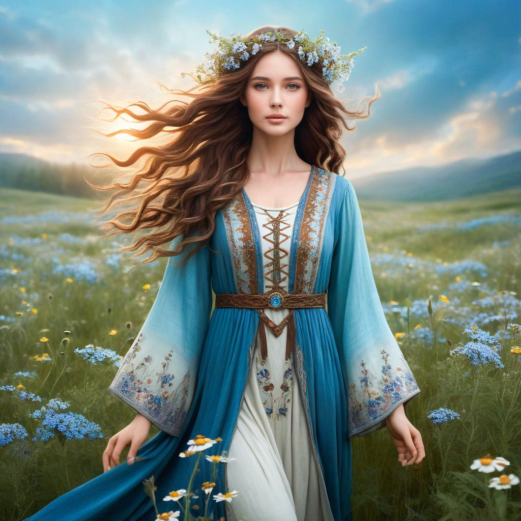 Woman in Gown Among Wildflowers
