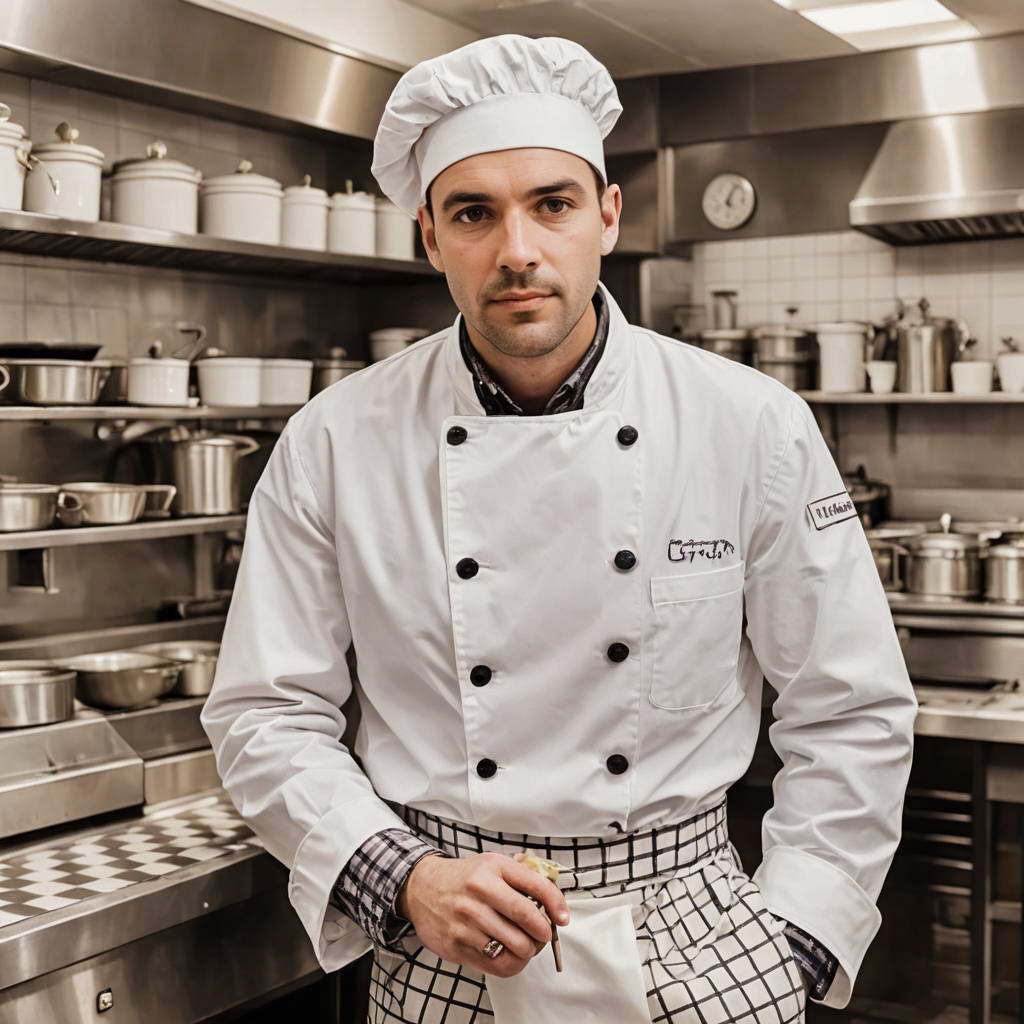 Professional Male Chef in Commercial Kitchen Wearing Traditional Uniform