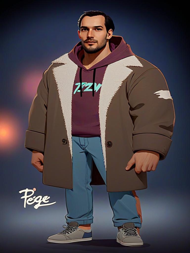 Stylized illustration of a man in shearling coat and hoodie Stylized illustration of a man in shearling coat and hoodie