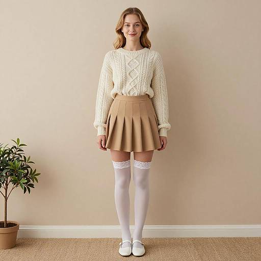 Gen Z Style Woman in Cream Sweater and Tan Pleated Skirt