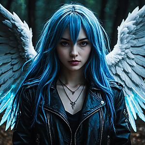 Woman with Blue Hair and White Wings in Dark Forest