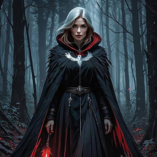 Mystical Woman in Gothic Black Cloak in Dark Forest Fantasy