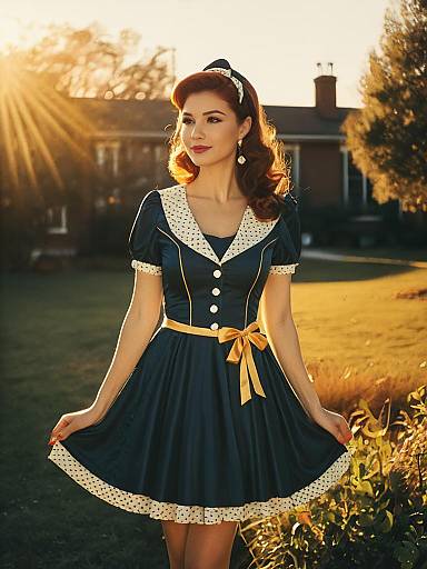 Woman in Retro Party Dress Costume Outdoor Photorealistic Portrait