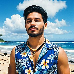 Confident Man in Hawaiian Shirt on Sunny Beach