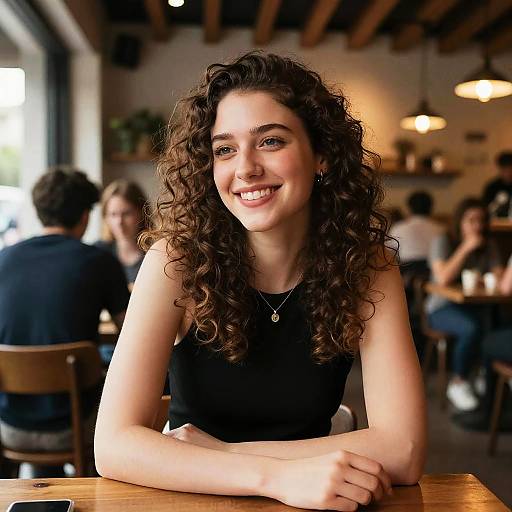 Smiling Young Woman with Curly Hair Relaxing in Modern Café