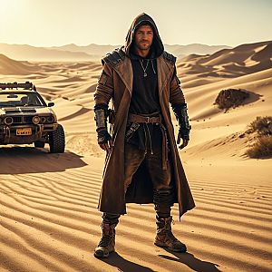 Confident Man in Rugged Coat in Desert Landscape