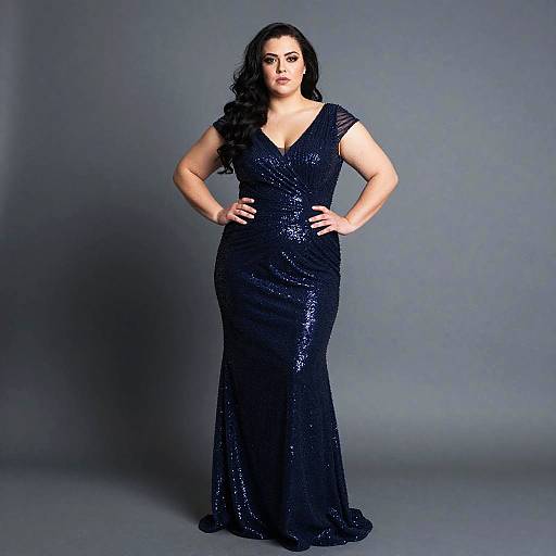 Elegant Plus-Size Woman in Navy Blue Sequin Evening Gown