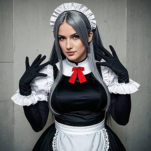 Woman in Stylish Black and White Maid Costume with Silver Hair