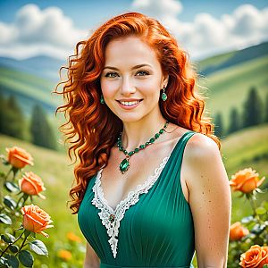 Elegant Woman in Green Dress with Red Hair Among Orange Roses
