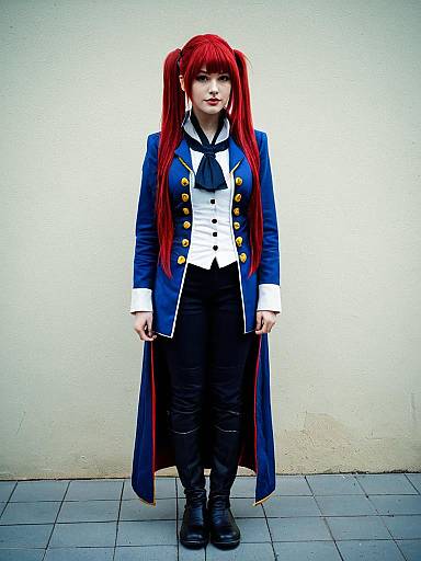Cosplay of Military-Style Character with Red Twin-Tail Hair in Blue Coat