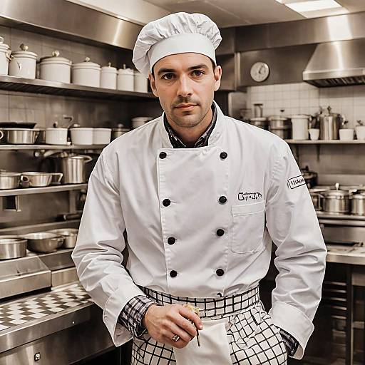 Professional Male Chef in Commercial Kitchen Wearing Traditional Uniform