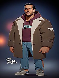 Stylized illustration of a man in shearling coat and hoodie