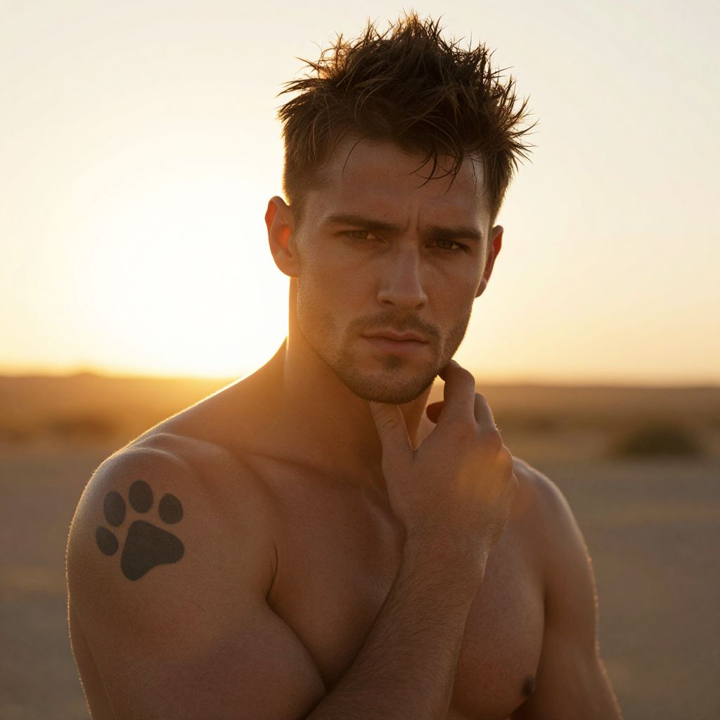 Thoughtful Shirtless Man with Paw Print Tattoo at Sunset