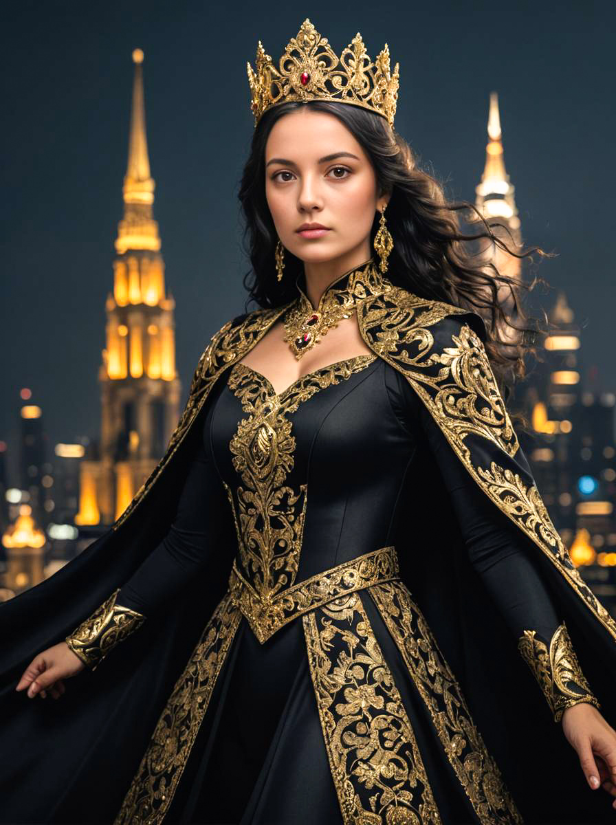 Regal Black Costume with Gold Embroidery Against Urban Skyline