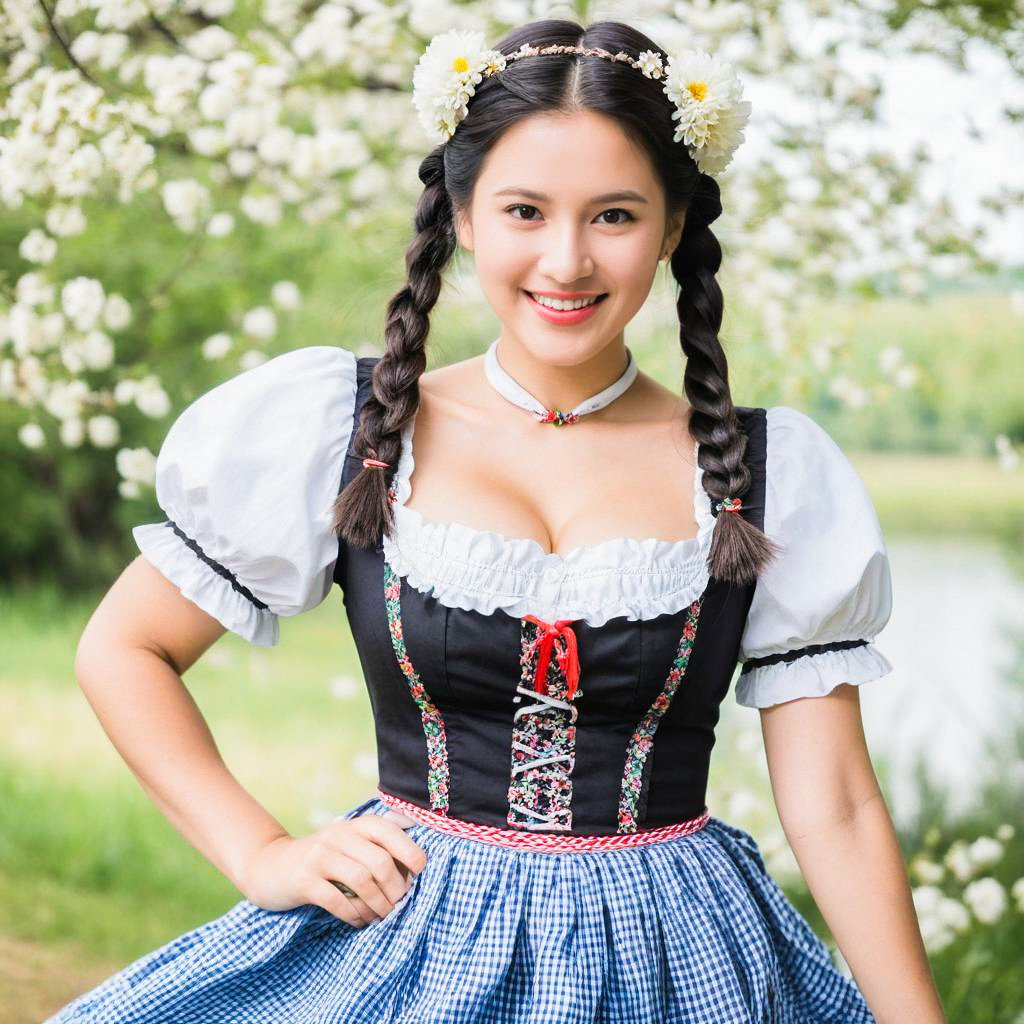 Cheerful woman in Bavarian dirndl with flowers in spring Cheerful woman in Bavarian dirndl with flowers in spring