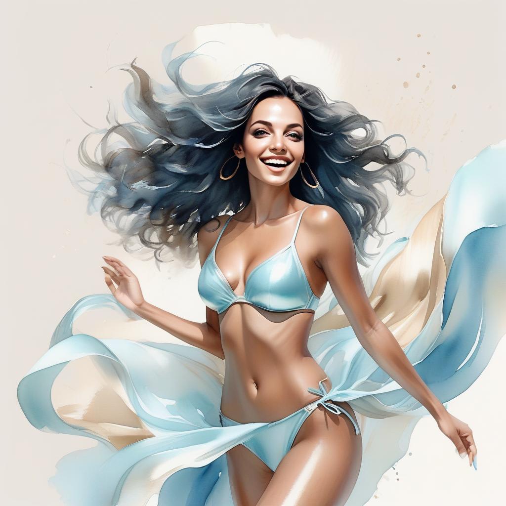 Joyful Woman in Light Blue Bikini