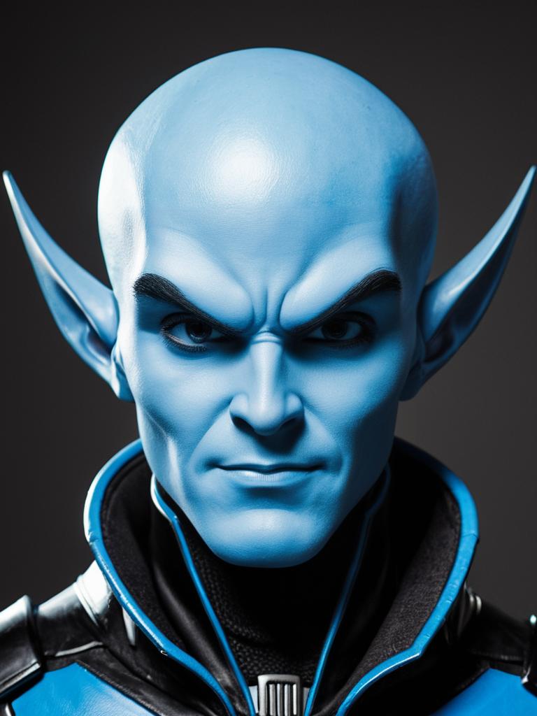 Photorealistic Megamind Cosplay Headshot of Man in Studio Lighting