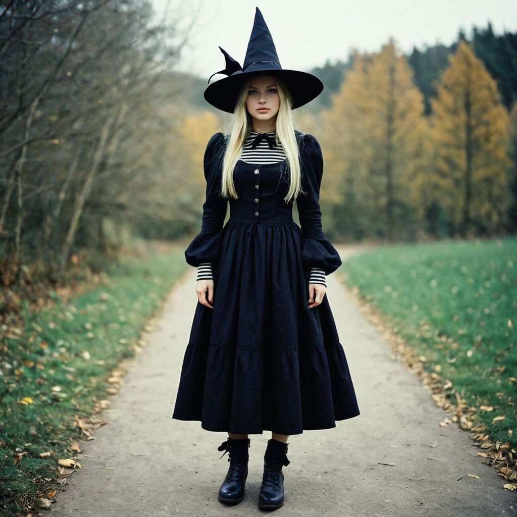 Young Woman in Witch-Inspired Outfit on Forest Path Young Woman in Witch-Inspired Outfit on Forest Path