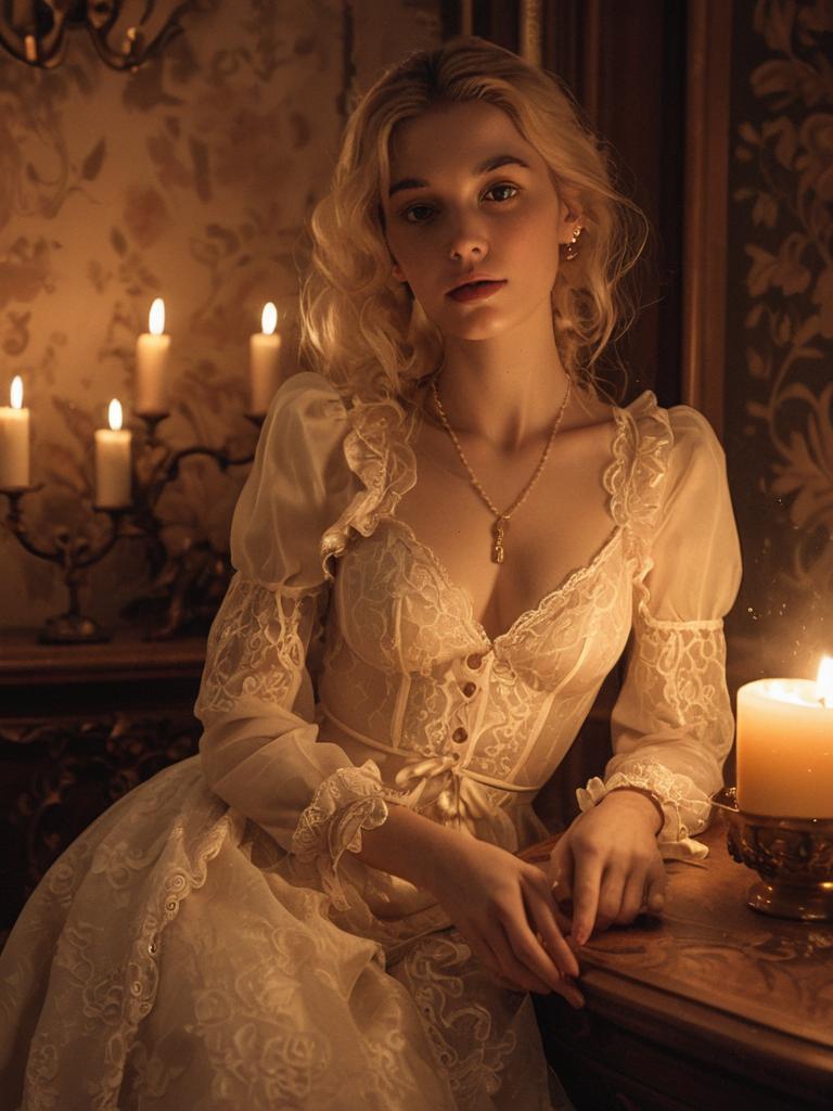 Elegant Woman in Vintage Lace Dress by Candlelight in Vintage Setting