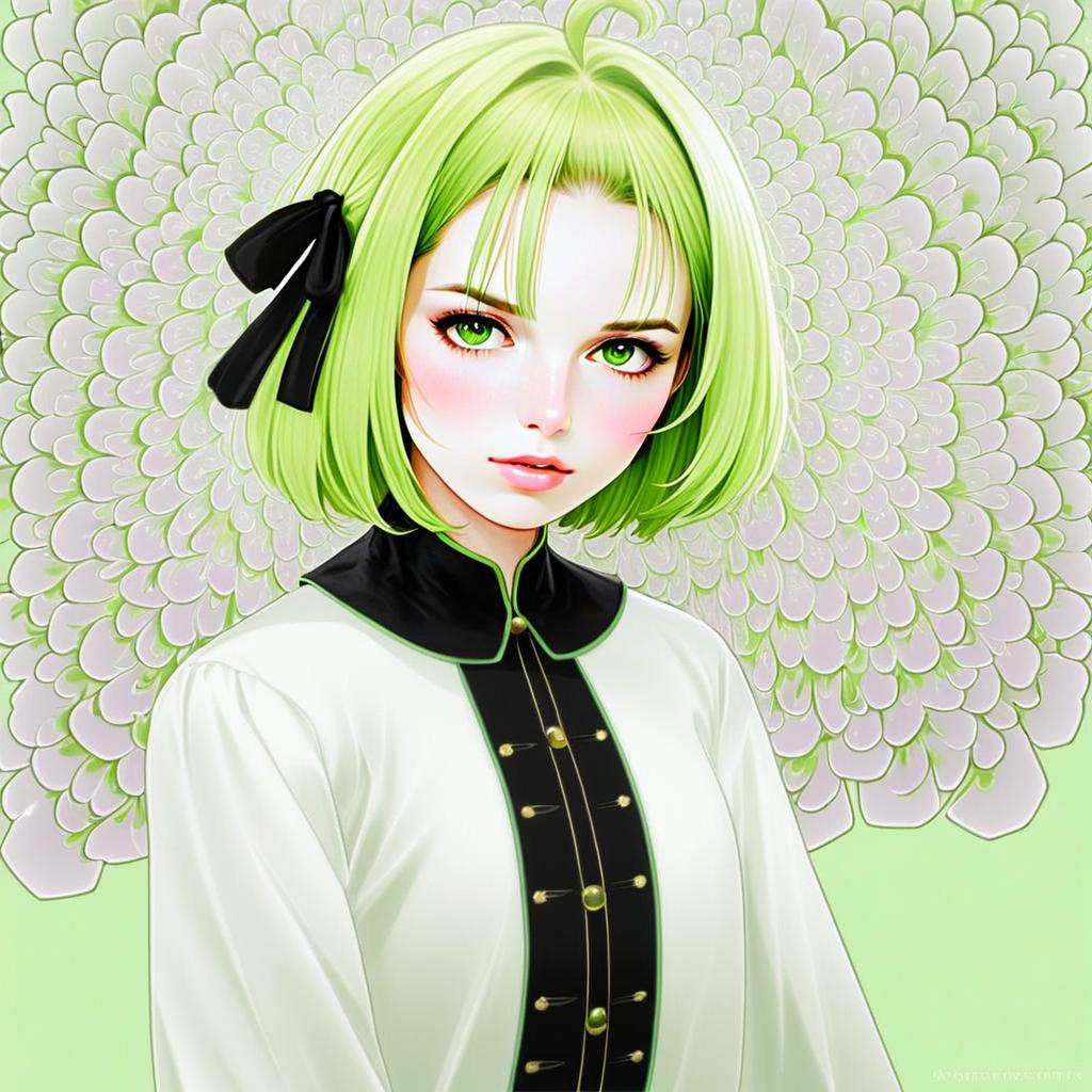 Anime Portrait of Woman with Green Hair and Floral Background