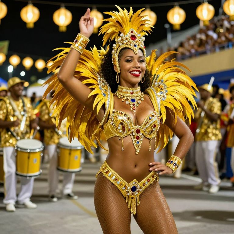Brazilian Carnival Woman in Yellow Feathered Costume Dancing