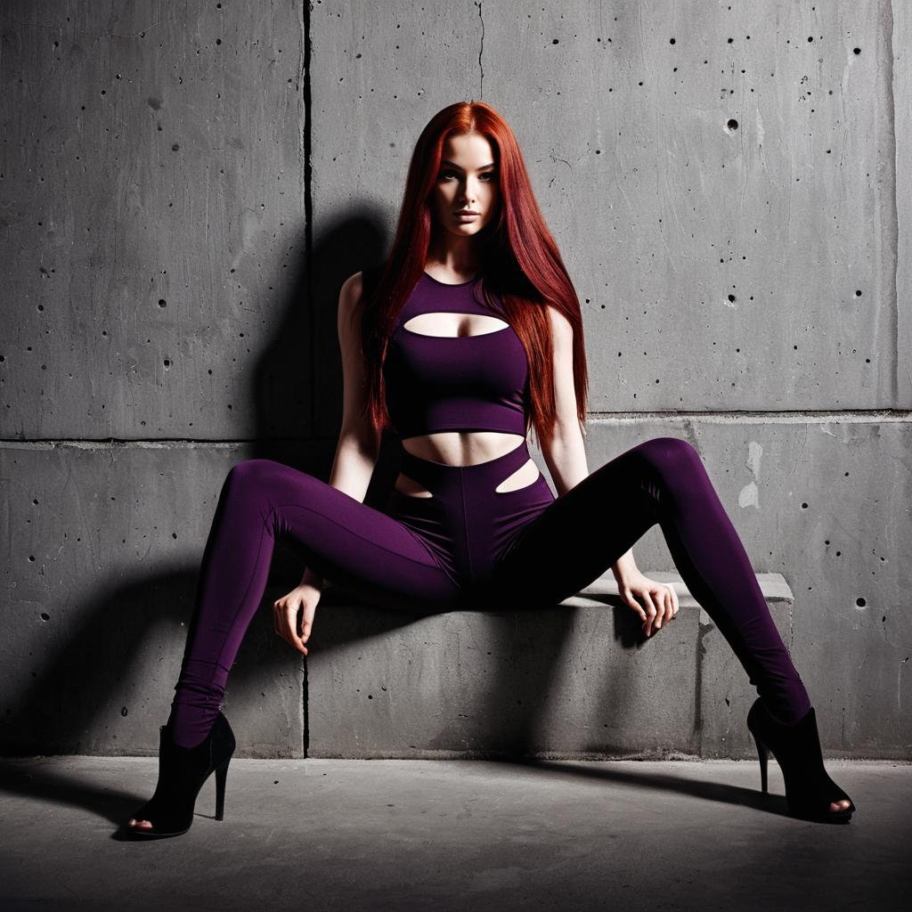 Confident Woman in Purple Bodysuit Posing Against Concrete Wall