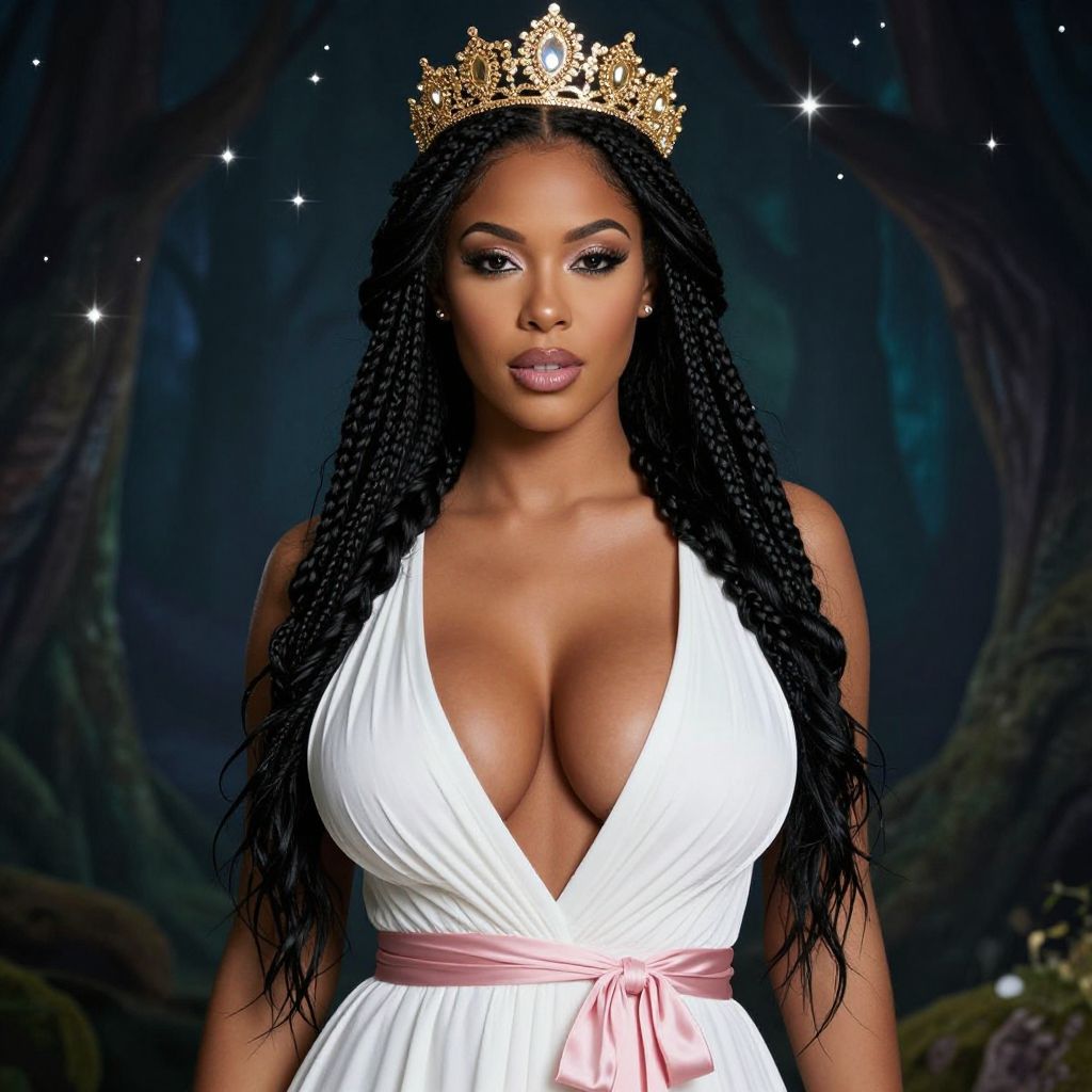 Elegant Woman in White Gown and Gold Crown Portrait in Fantasy Forest