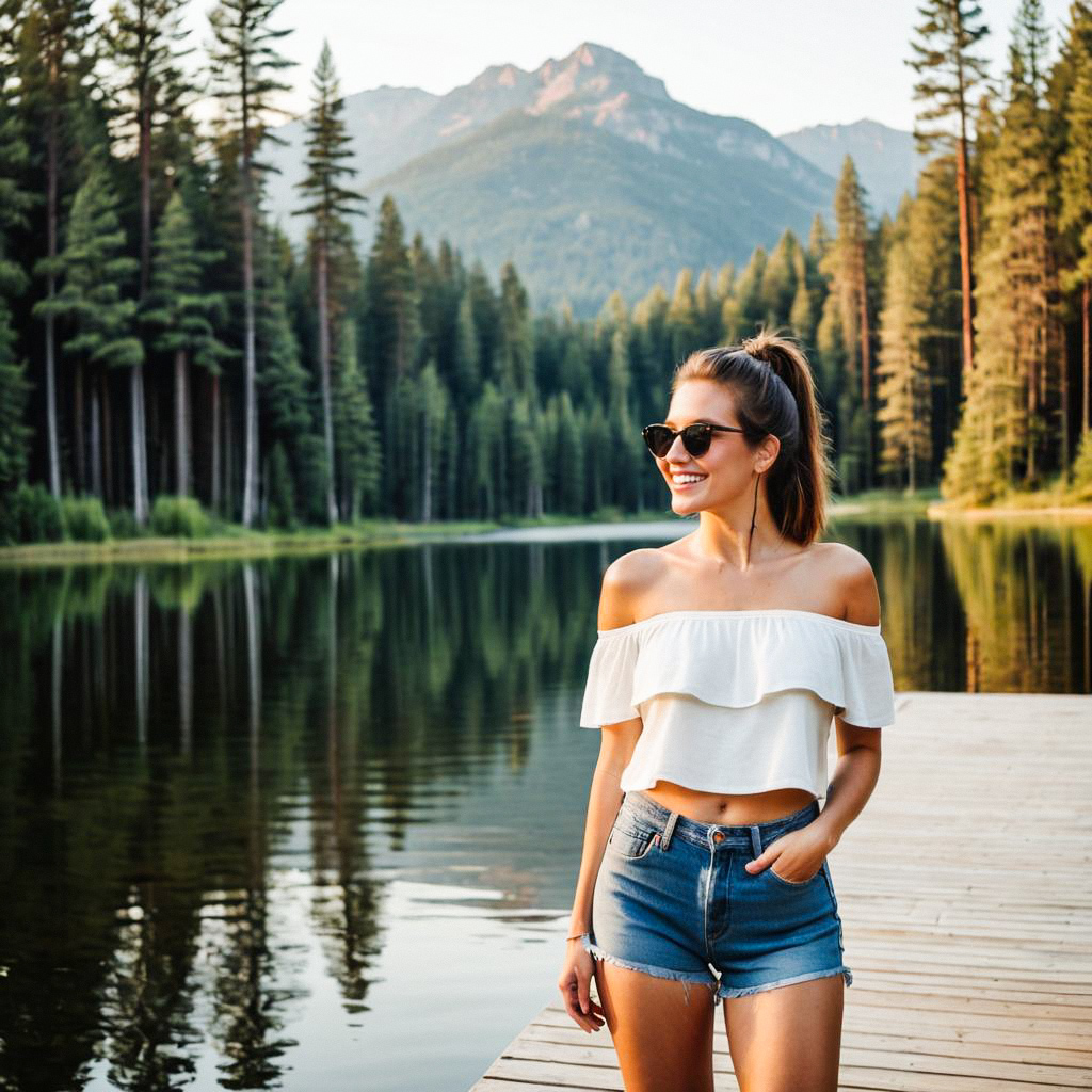 Young Woman Smiling on Dock by Lake