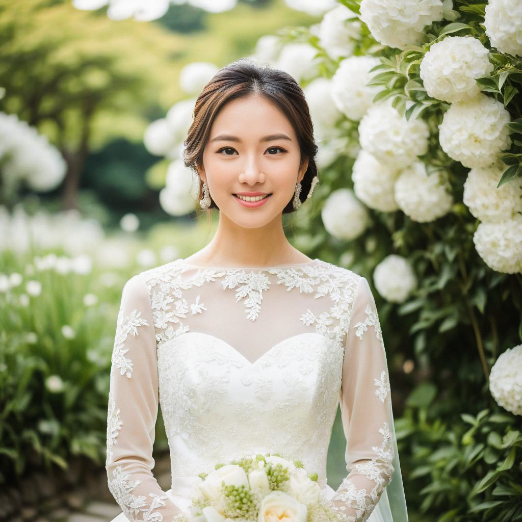 Radiant Bride in Lace Gown Surrounded by White Flowers