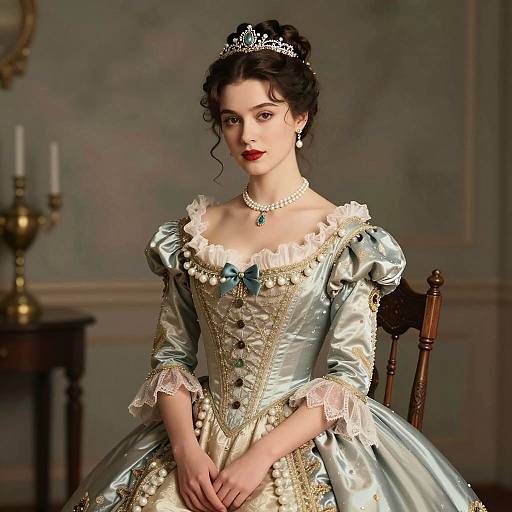 Elegant Young Woman in Victorian-Style Dress with Jeweled Tiara