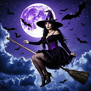 Mystical Witch Flying on Broomstick Under Full Moon with Bats
