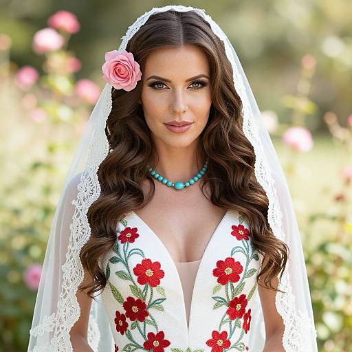 Elegant Bride Wearing Floral Embroidered Wedding Dress with Lace Veil