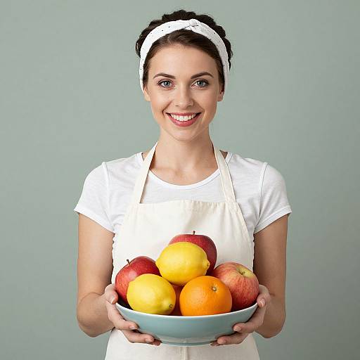 Smiling Woman Holding Bowl of Fresh Apples, Lemons, and Orange