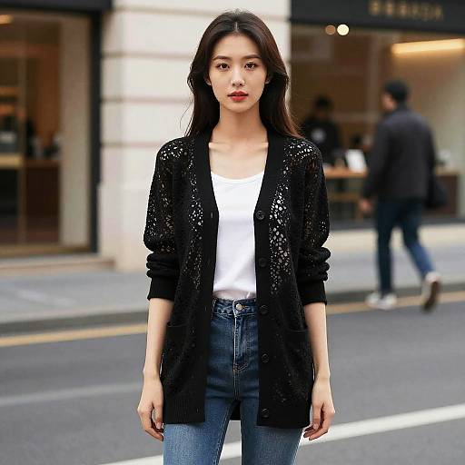 Woman Wearing Black Lace Evening Cardigan on City Street