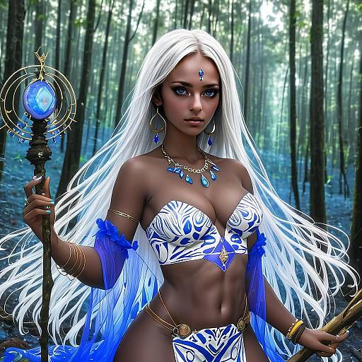 Fantasy Dark-Skinned Woman with White Hair and Magical Staff in Enchanted Forest