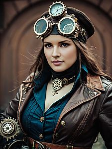 Steampunk Woman in Leather Jacket and Goggles with Vintage Gear Accessories