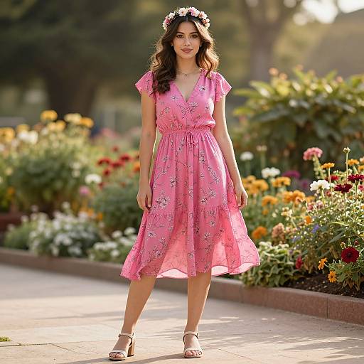Woman in Pink Floral Dress with Flower Crown in Garden