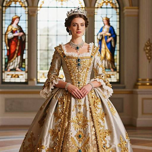 Elegant Woman in Baroque Royal Gown with Crown in Palace Hall