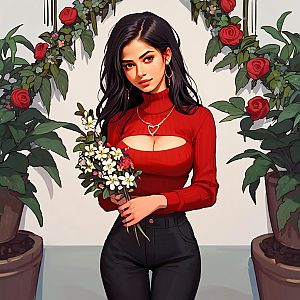 Young Woman in Red Sweater with Bouquet