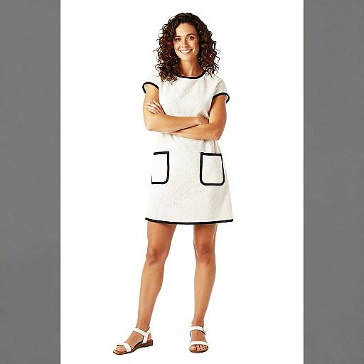 Young Woman in White Dress with Black Trim Standing Confidently