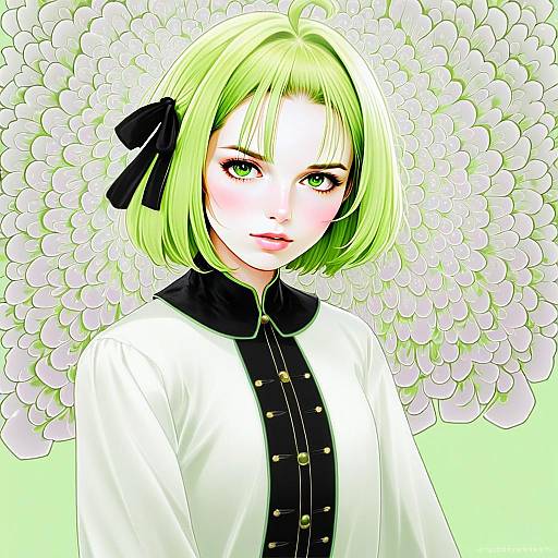 Anime Portrait of Woman with Green Hair and Floral Background