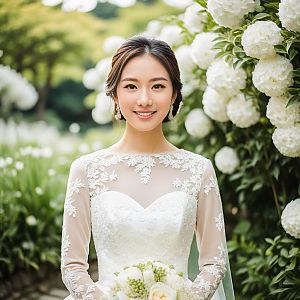 Radiant Bride in Lace Gown Surrounded by White Flowers