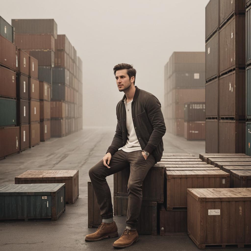 Contemplative Man on Crates with Shipping Containers